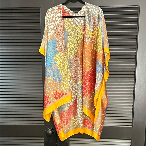 Multicolor Silky Boho Floral Kimono with Golden Yellow Accents O/S - Picture 1 of 11